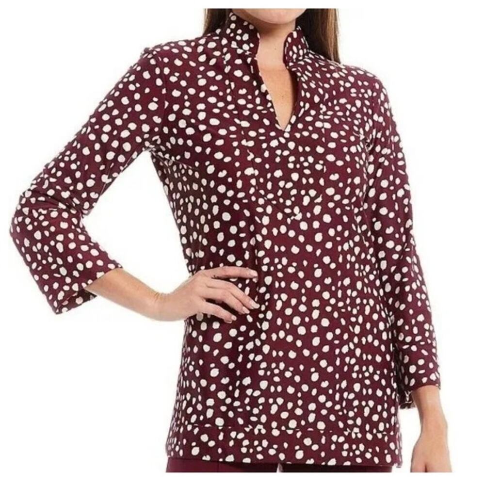 Jude Connally Chris Painted Spot Merlot 3/4 Sleeve V Neck Tunic Top